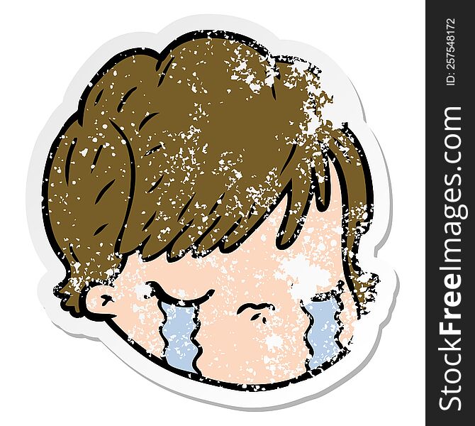 Distressed Sticker Of A Cartoon Female Face Crying