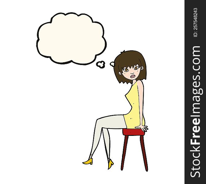 Cartoon Woman Sitting On Stool With Thought Bubble