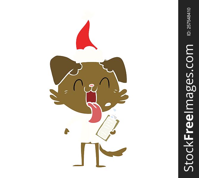 Flat Color Illustration Of A Panting Dog With Clipboard Wearing Santa Hat