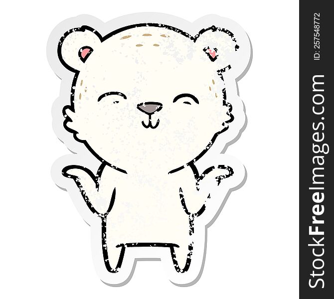 Distressed Sticker Of A Happy Cartoon Polar Bear Shrugging Shoulders