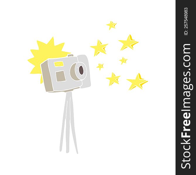 flat color illustration of a cartoon camera on tripod with flash