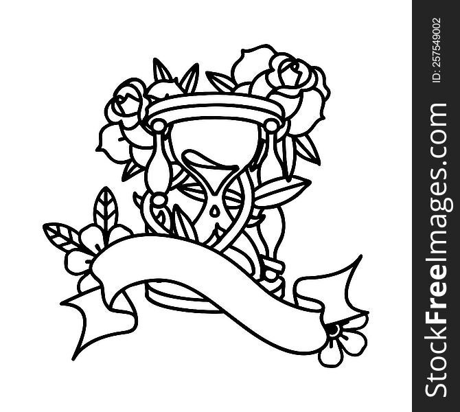 traditional black linework tattoo with banner of an hour glass and flowers