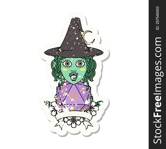 Half Orc Witch Character With Natural 20 Dice Roll Grunge Sticker