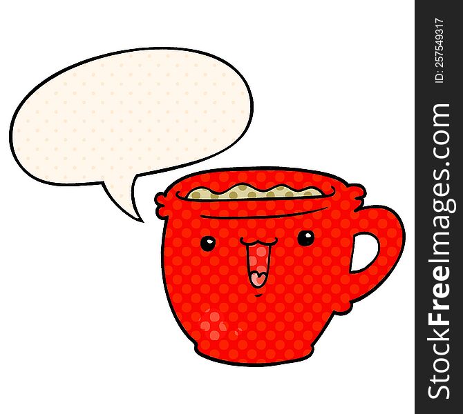 Cute Cartoon Coffee Cup And Speech Bubble In Comic Book Style