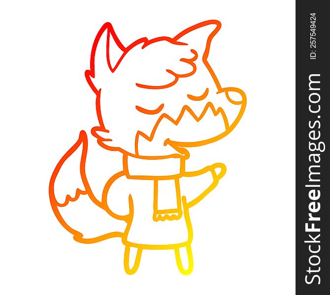 warm gradient line drawing of a friendly cartoon fox in winter clothes