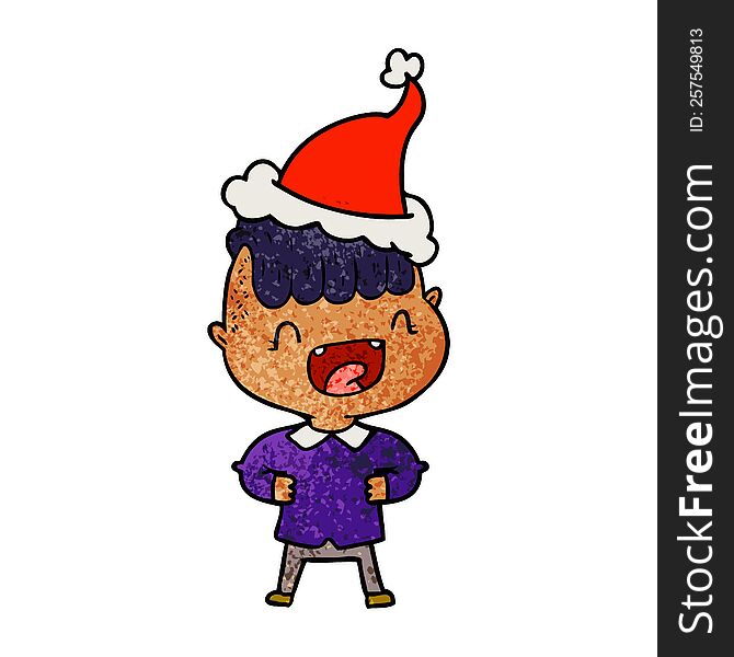 hand drawn textured cartoon of a happy boy laughing wearing santa hat