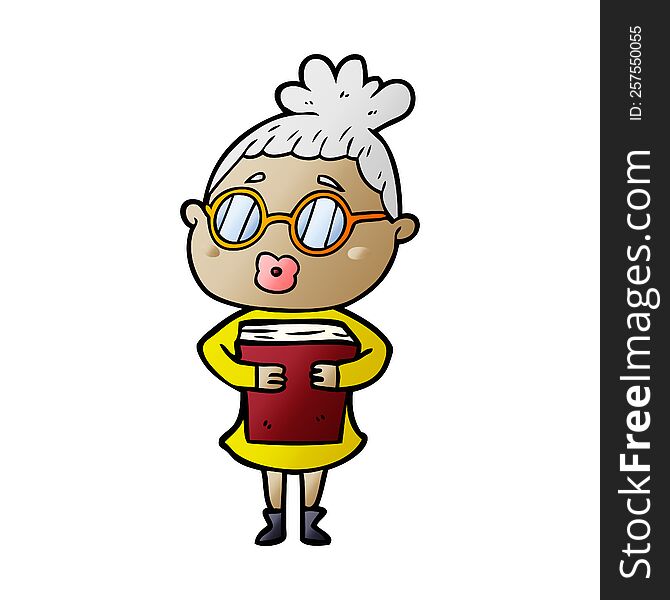 cartoon woman with book wearing spectacles. cartoon woman with book wearing spectacles