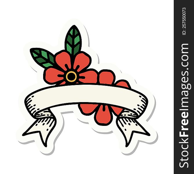 tattoo style sticker with banner of flowers