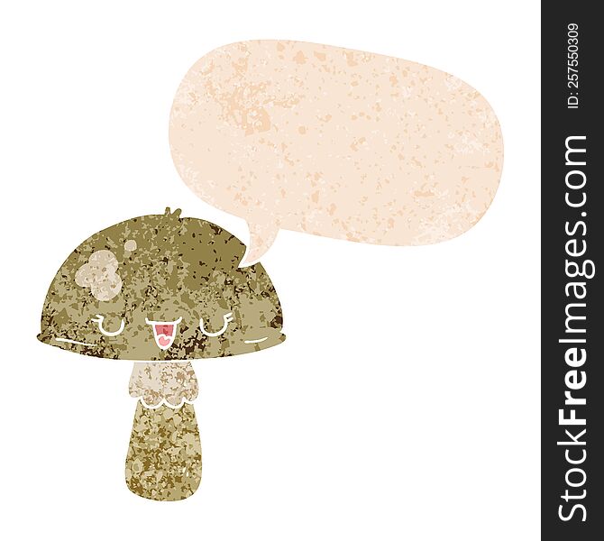 Cartoon Mushroom And Speech Bubble In Retro Textured Style