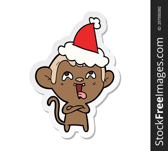 crazy hand drawn sticker cartoon of a monkey wearing santa hat. crazy hand drawn sticker cartoon of a monkey wearing santa hat