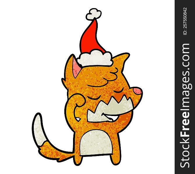 friendly hand drawn textured cartoon of a fox waking up wearing santa hat. friendly hand drawn textured cartoon of a fox waking up wearing santa hat