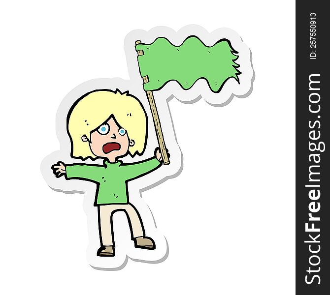 sticker of a cartoon woman waving green flag
