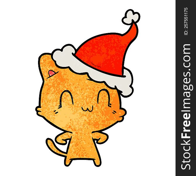 Textured Cartoon Of A Happy Cat Wearing Santa Hat