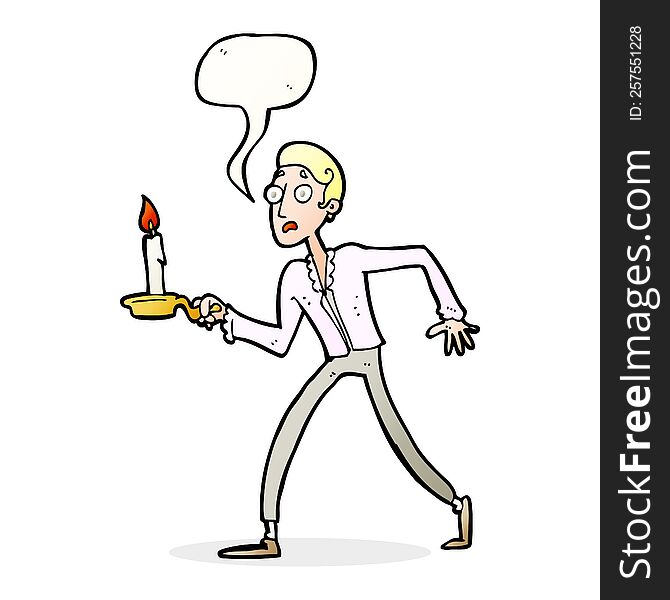 cartoon frightened man walking with candlestick with speech bubble