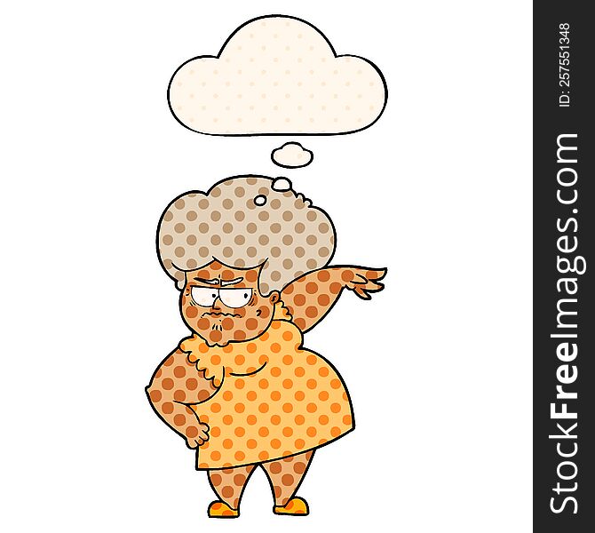 cartoon angry old woman with thought bubble in comic book style