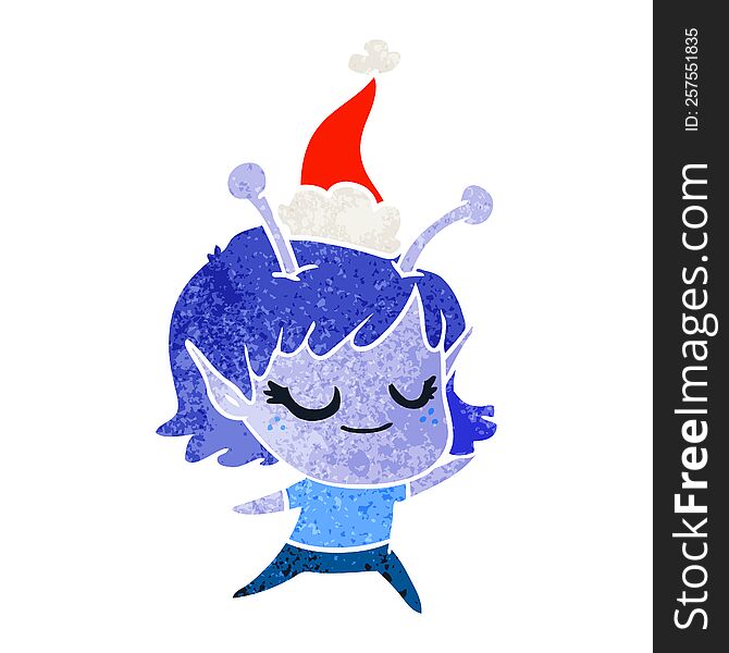 smiling alien girl hand drawn retro cartoon of a wearing santa hat. smiling alien girl hand drawn retro cartoon of a wearing santa hat