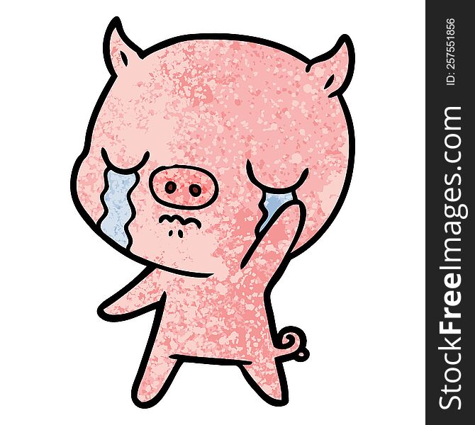 cartoon pig crying waving goodbye. cartoon pig crying waving goodbye