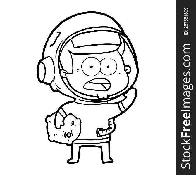 cartoon surprised astronaut holding moon rock. cartoon surprised astronaut holding moon rock