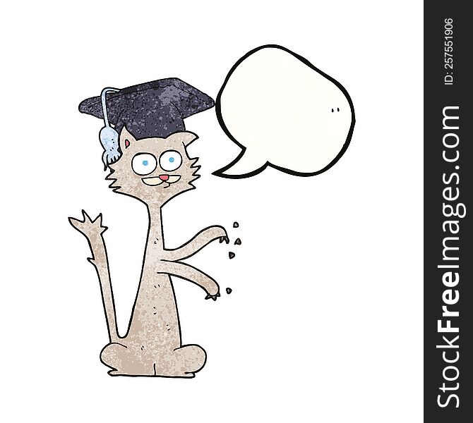 freehand speech bubble textured cartoon cat scratching with graduation cap. freehand speech bubble textured cartoon cat scratching with graduation cap