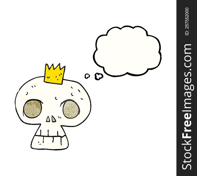 freehand drawn thought bubble textured cartoon skull with crown