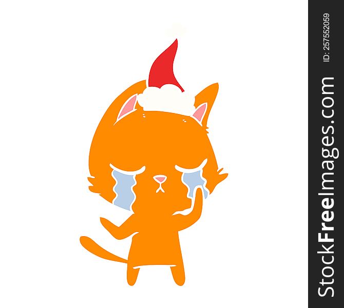 Crying Flat Color Illustration Of A Cat Wearing Santa Hat