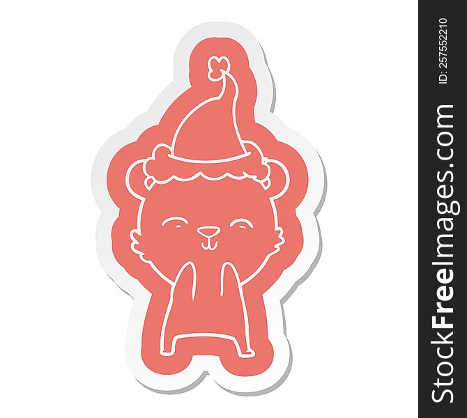 Happy Cartoon  Sticker Of A Polar Bear Wearing Santa Hat