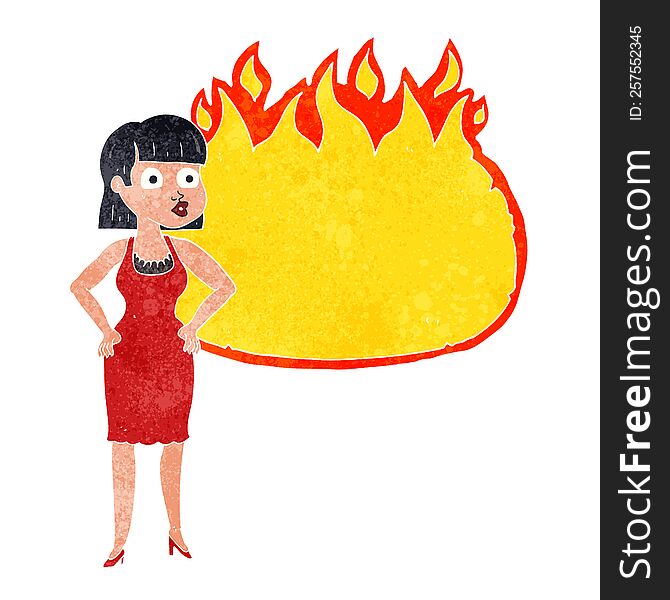 freehand drawn retro cartoon woman in dress with hands on hips and flame banner