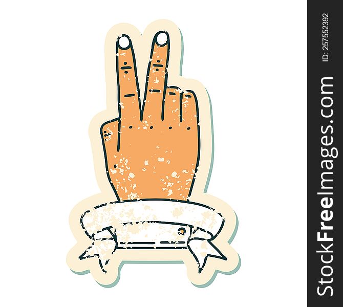 grunge sticker of a victory v hand gesture with banner. grunge sticker of a victory v hand gesture with banner