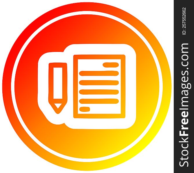 document and pencil circular icon with warm gradient finish. document and pencil circular icon with warm gradient finish