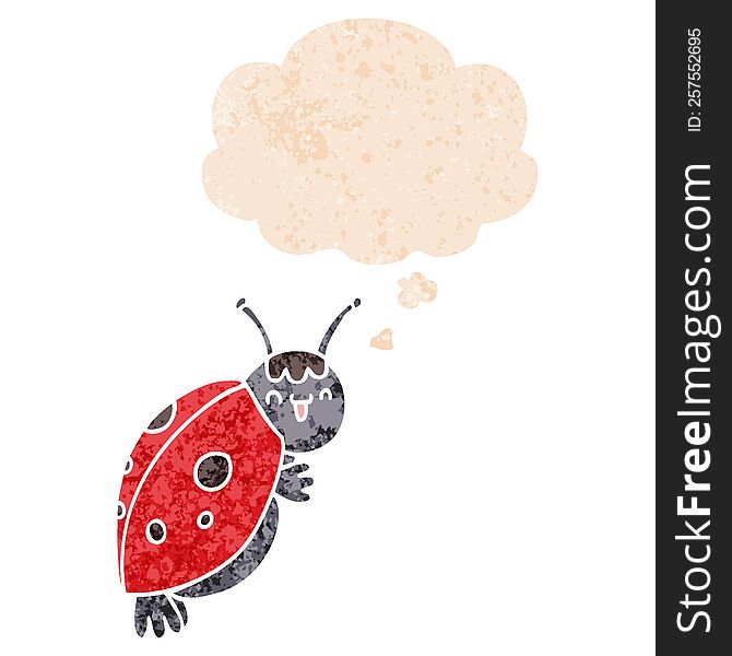 Cute Cartoon Ladybug And Thought Bubble In Retro Textured Style