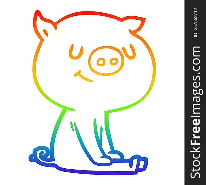 Rainbow Gradient Line Drawing Happy Cartoon Pig Sitting