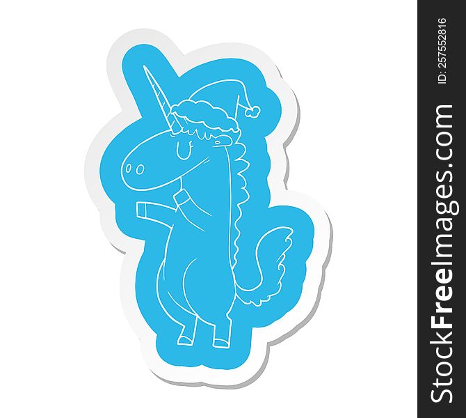 Cartoon  Sticker Of A Unicorn Wearing Santa Hat
