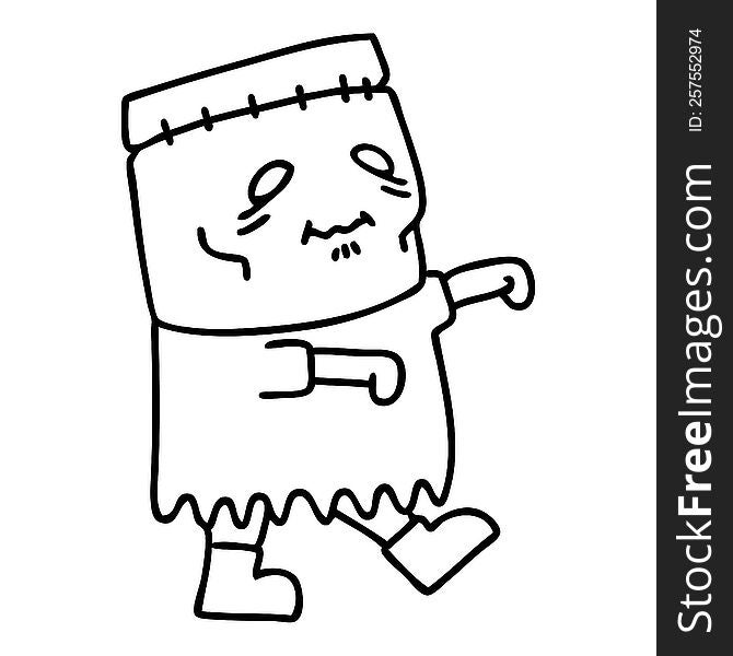 line doodle of a happy undead zombie creature walking. line doodle of a happy undead zombie creature walking