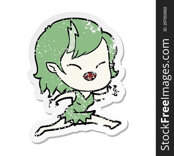 distressed sticker of a cartoon laughing vampire girl running
