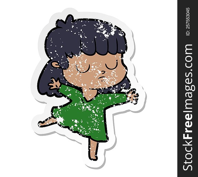 distressed sticker of a cartoon indifferent woman dancing