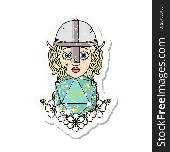 grunge sticker of a elf fighter with natural twenty dice roll. grunge sticker of a elf fighter with natural twenty dice roll