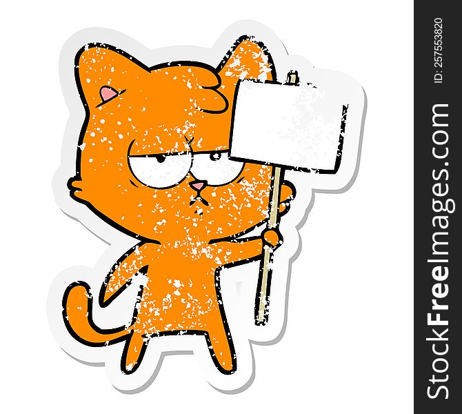 distressed sticker of a bored cartoon cat with sign post