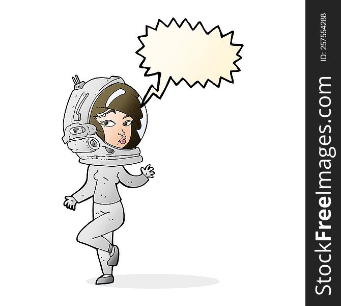 cartoon woman wearing space helmet with speech bubble