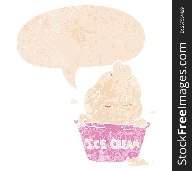 cute cartoon ice cream with speech bubble in grunge distressed retro textured style. cute cartoon ice cream with speech bubble in grunge distressed retro textured style