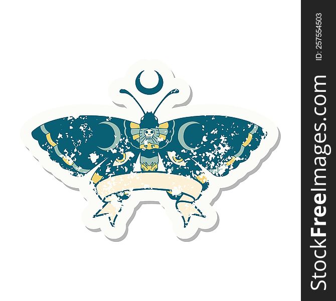 worn old sticker with banner of a moth. worn old sticker with banner of a moth