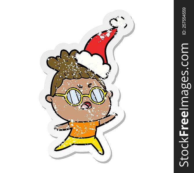 distressed sticker cartoon of a annoyed woman wearing santa hat
