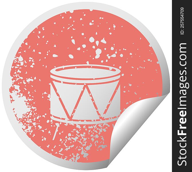 distressed circular peeling sticker symbol of a drum