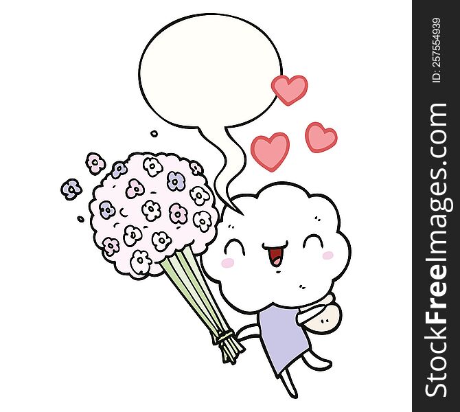Cute Cartoon Cloud Head Creature And Speech Bubble