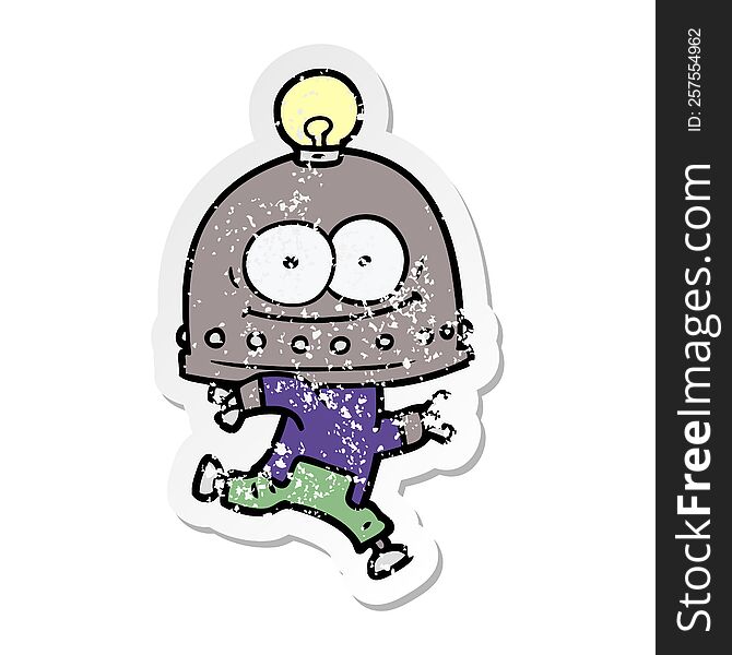 distressed sticker of a happy carton robot with light bulb