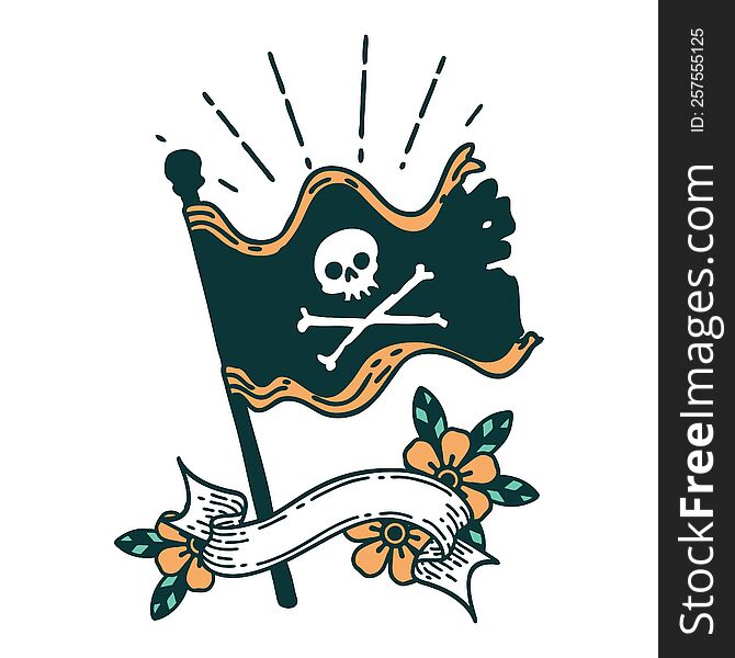 scroll banner with tattoo style waving pirate flag