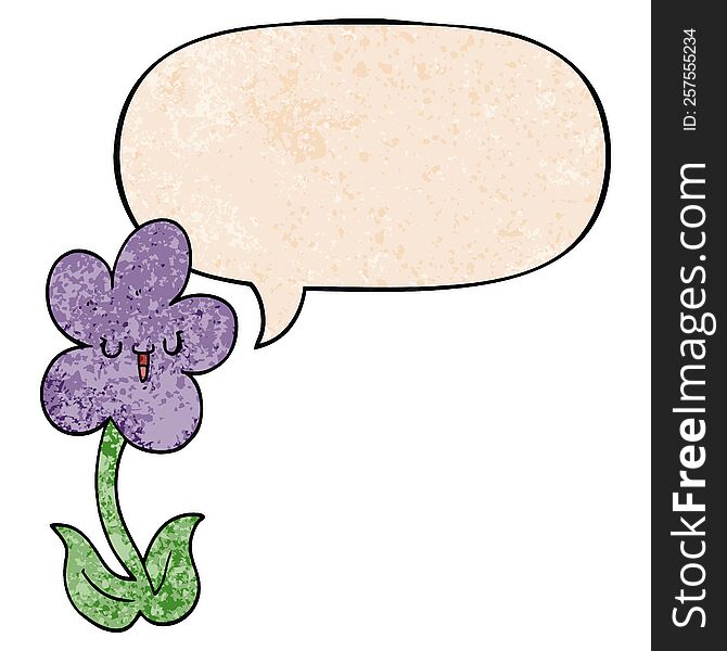 cartoon flower with happy face with speech bubble in retro texture style. cartoon flower with happy face with speech bubble in retro texture style