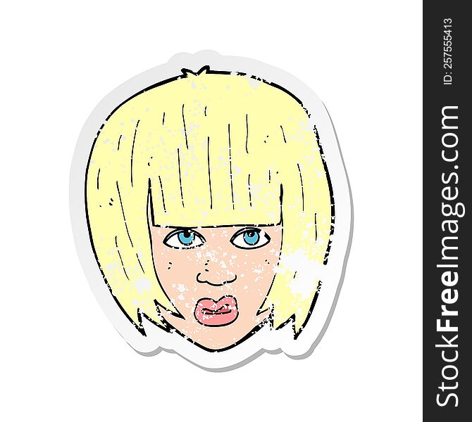 retro distressed sticker of a cartoon annoyed girl with big hair