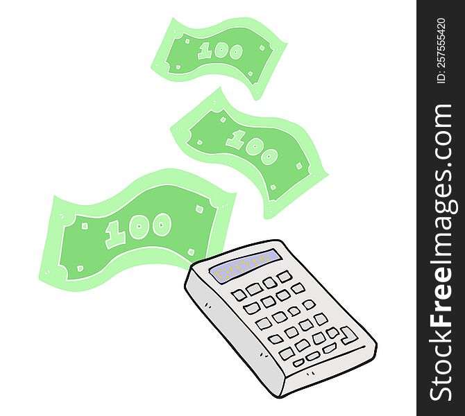 flat color illustration of calculator counting money. flat color illustration of calculator counting money