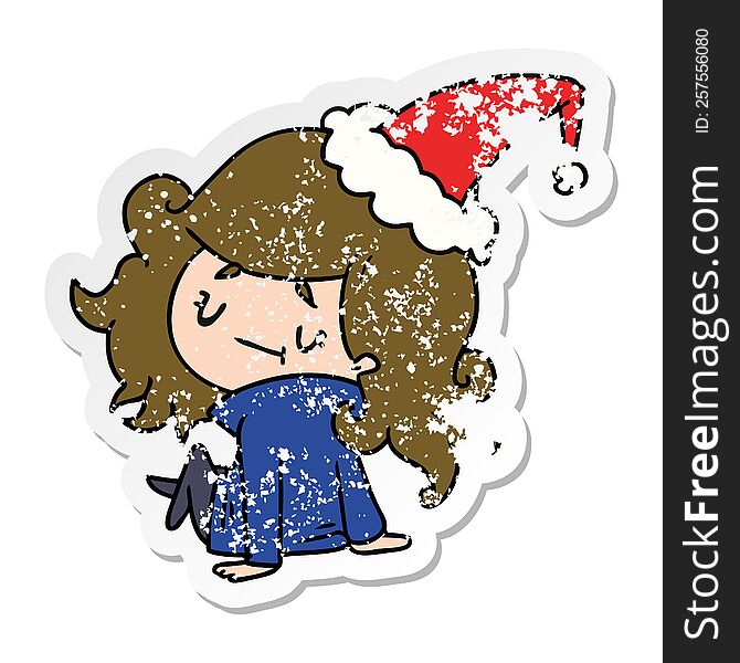 hand drawn christmas distressed sticker cartoon of kawaii girl