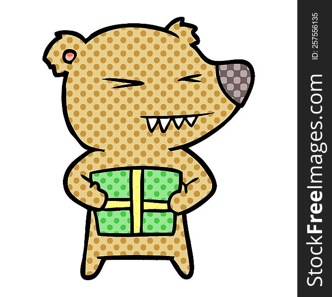 angry bear cartoon with gift. angry bear cartoon with gift